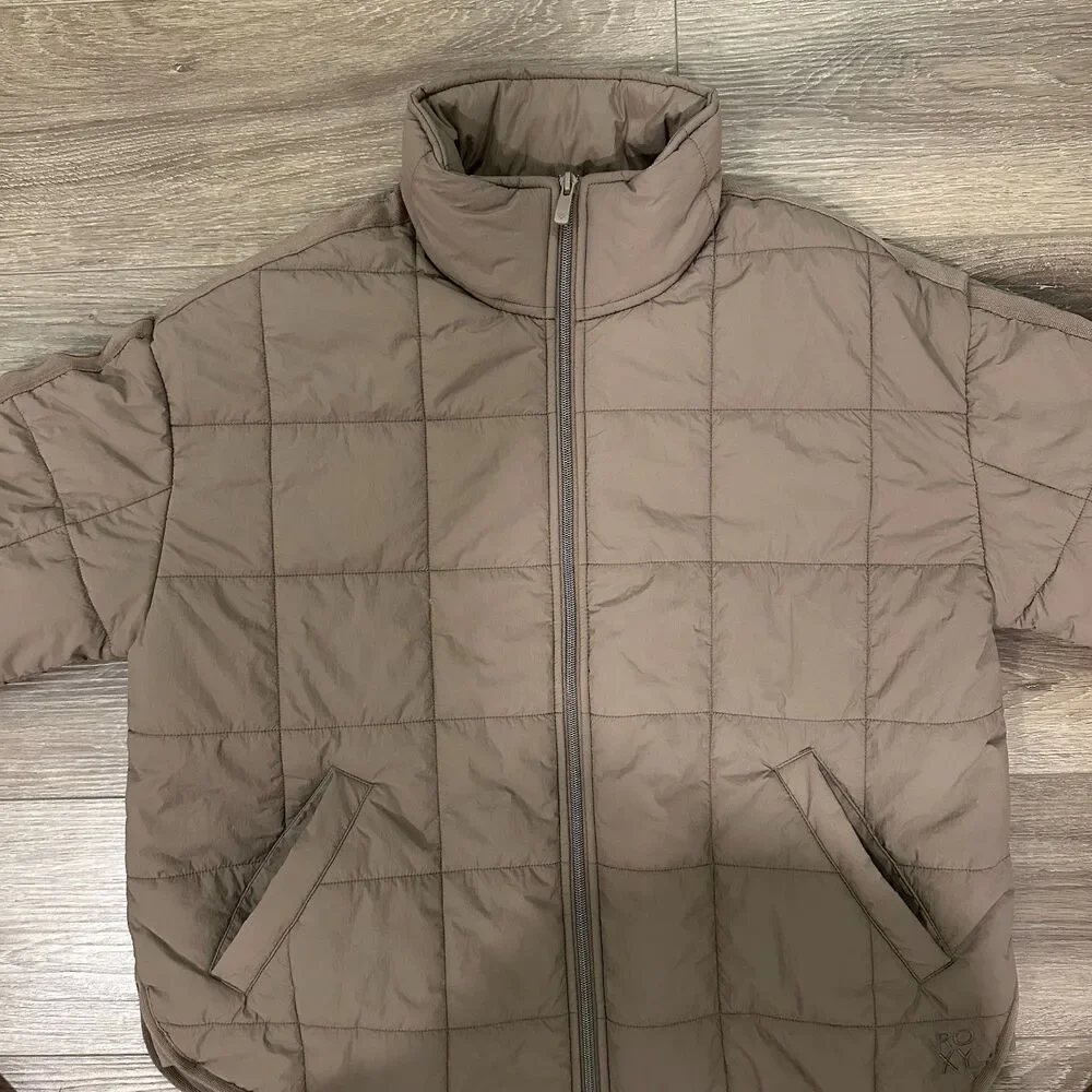 Roxy Quilted Puffer Jacket Brown Warm Mock Neck Full Zip Boxy Size Medium M